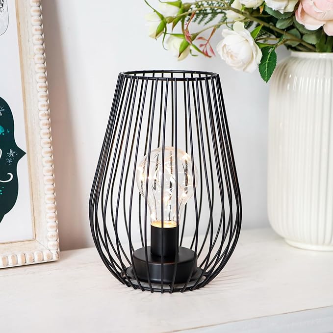 TRIROCKS Metal Cordless Table Lamp - 8'' Tall Cage Shape Battery Operated Lamp with Warm Fairy Lights Bulb for Indoor/Outdoor Use, Perfect for Christmas, Patio, Garden, and Weddings (Black)