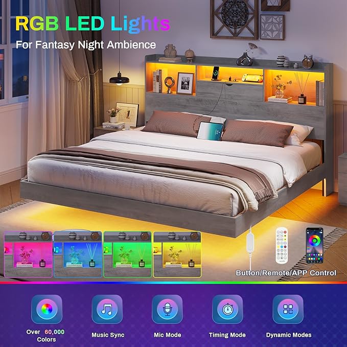 DICTAC King Floating Bed Frame with LED Lights and Headboard Storage, Visual Floating Bed with Charing Station, King Size Metal Platform Bed with Stable Structure, No Box Spring Need, Easy Assembly