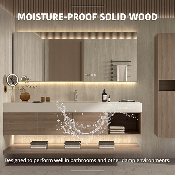 72" Modern Floating Bathroom Vanity Set with Sink, Side Cabinet, LED Smart Mirror Cabinet, 3 Soft-Close Drawers & Open Storage Shelves, Light Walnut