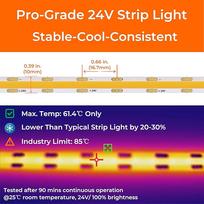 COB LED Strip Lights 3000K, 330+LM/FT, 24V DC LED Tape Light with Strong VHB Backing, CRI 95, UL Listed, Cuttable, Linkable, Dimmable, 5W/FT for Bedroom, Kitchen, Cabinets (NO Power Supply)