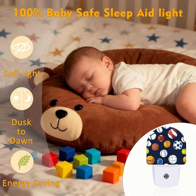 Retro Sports Balls Night Light, Dusk-to-Dawn Auto Sensor Plug in Night Light for Kids, 0.5W Energy Saving LED NightLights for Bedroom/Bathroom, Ideal Gifts for Women Men