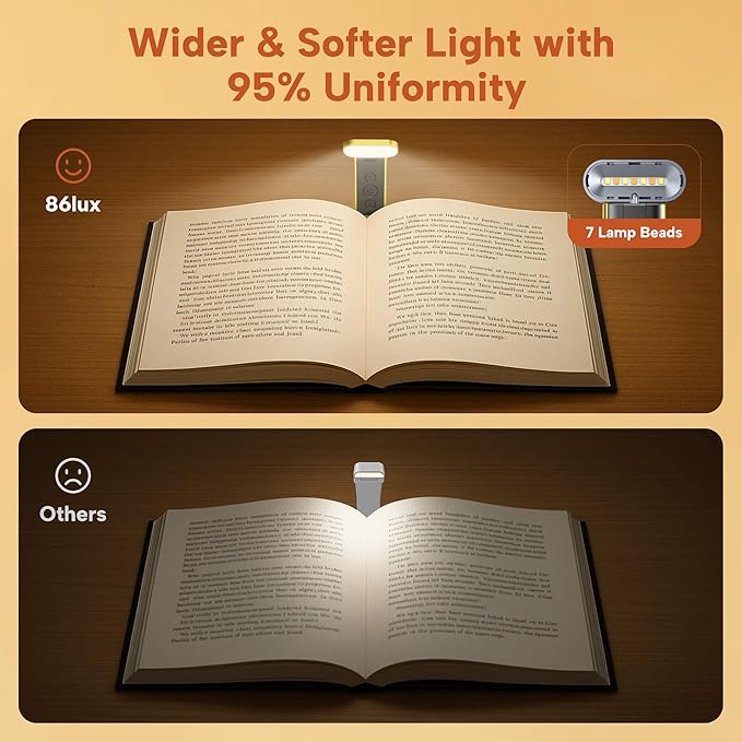86lux Book Light, Reading Light for Book in Bed, USB Rechargeable LED Night Light with 3 Colors & Limitless Dimming,Bookmark Light for Book Lovers,Yellow