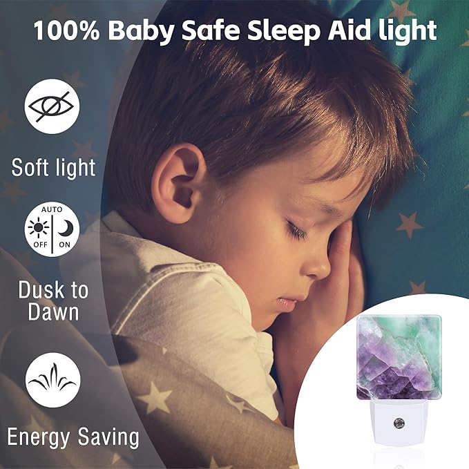 Purple Green Fluorite Marble Night Light, Luxury Rock Gemstone Dusk to Dawn Night Light Plug in, 0.5w Energy Saving Sleep Friendly NightLight for Kids Boys Girls Home Decor