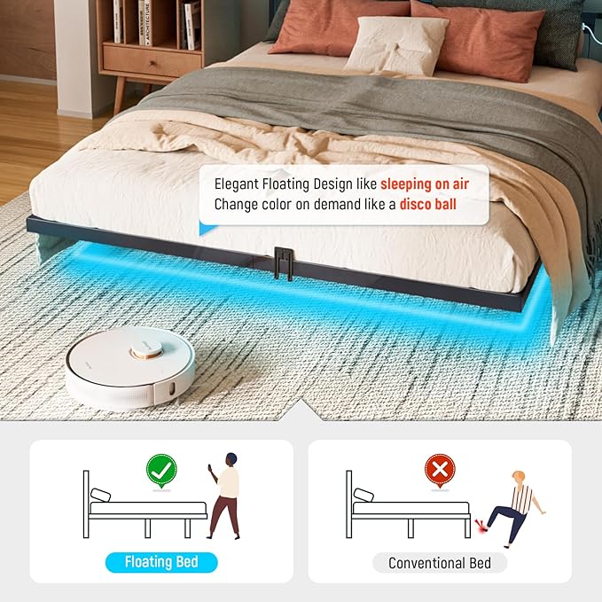 Floating Full Size Platform Bed Frame with LED Lights & Charging Station - Includes Powered Screwdriver for Assembly, Mattress Fasteners & Corner Pads, Hardened Steel