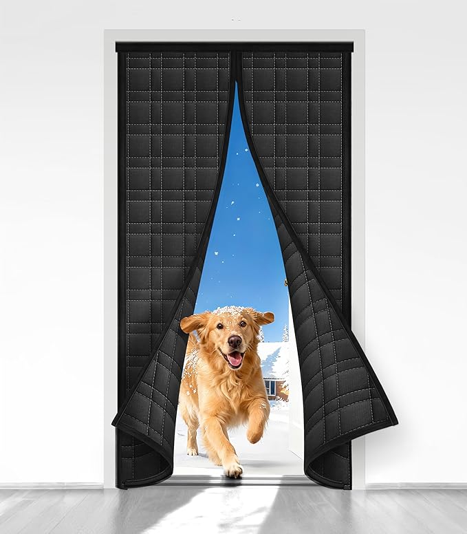 Thermal Door Curtain, Fit Size up to 38 x 82 Inches, Magnetic Insulated Door Curtains for Doorway/Front/Back/Basement, Oxford Cover with Thick Cotton to Keep Warm Winter, Black, Rectangle