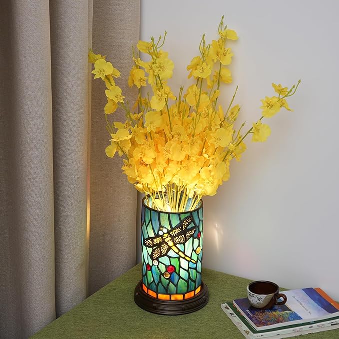 Tiffany lamp Stained Glass Table lamp Teal Dragonfly Style Bedroom Bedside Flower Vase Decor Green Small Night Light Mini Cute Kids Accent Unique LED Cottage Aesthetic Nightstand Cylinder Desk lamp