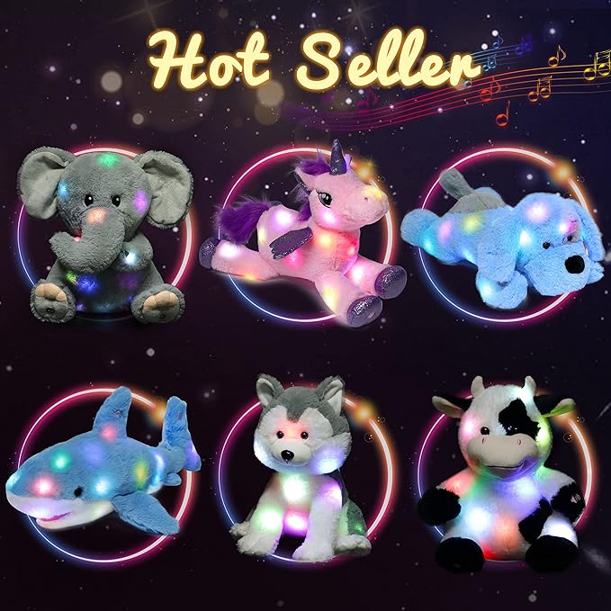 Hopearl LED Musical Stuffed Kitty Lighting Up Singing Plush Cat Adjustable Volume Lullaby Animated Soothe Birthday Gifts for Kids Toddler Girls, Grey, 13.5''