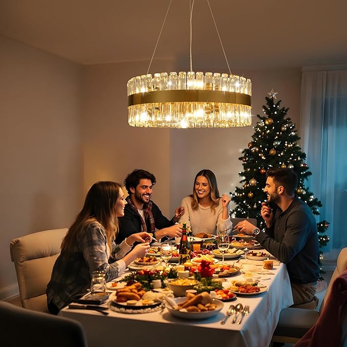 MADEM Modern LED Circular Crystal Chandeliers,Gold Chandelier Light Fixture, Contemporary Pendant Ceiling Light for Dining Room Living Room Kitchen Island,E12 x 12.