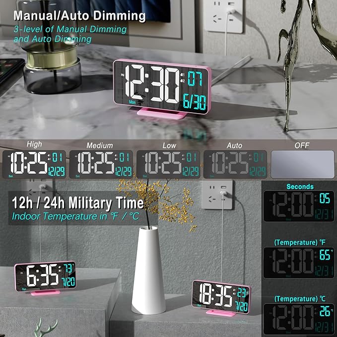 Pink Digital Clock for Bedroom 6.7in Dual Alarm Clock with Dimming, 12/24h, Seconds, Date, Day of Week, Temp, Desk Clock, LED Clock for Table Decor, Digital Calendar Table Clocks for Bedrooms KOSUMOSU