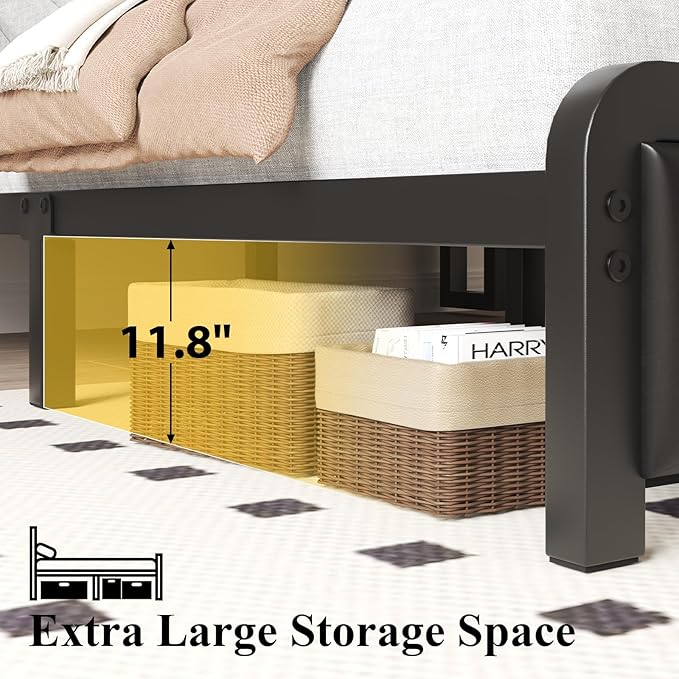 Full Size Bed Frame with 3-Tier Storage Headboard and LED Lights,Upholstered Platform Bed with Charging Station, Heavy Duty Metal Slats Frame,PU Leather,No Box Spring Needed, Black