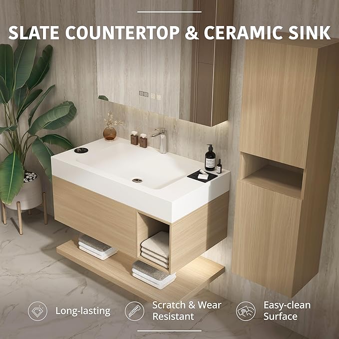 48" Modern Floating Bathroom Vanity Set with Sink, Side Cabinet, LED Smart Mirror Cabinet, Soft-Close Drawer & Open Storage Shelves, Light Oak