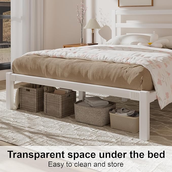 Full Size Bed Frame, Metal Platform Bed Frame with Headboard, Mattress Foundation with Spacious Underbed Storage, No Box Spring Needed, Easy Assembly, White