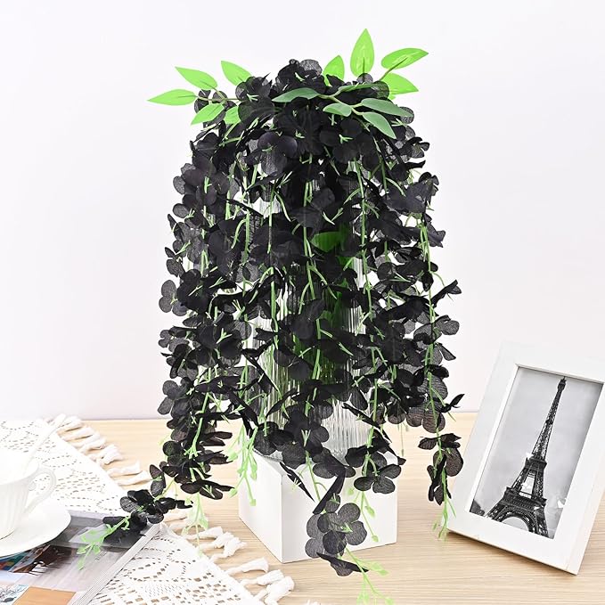 BLEUM CADE 10Pcs Black Fake Wisteria Hanging Flowers, 3.6Ft/Pcs Artificial Wisteria Garland, Hanging Flowers for Wedding Party Home Backdrop Wall Decoration