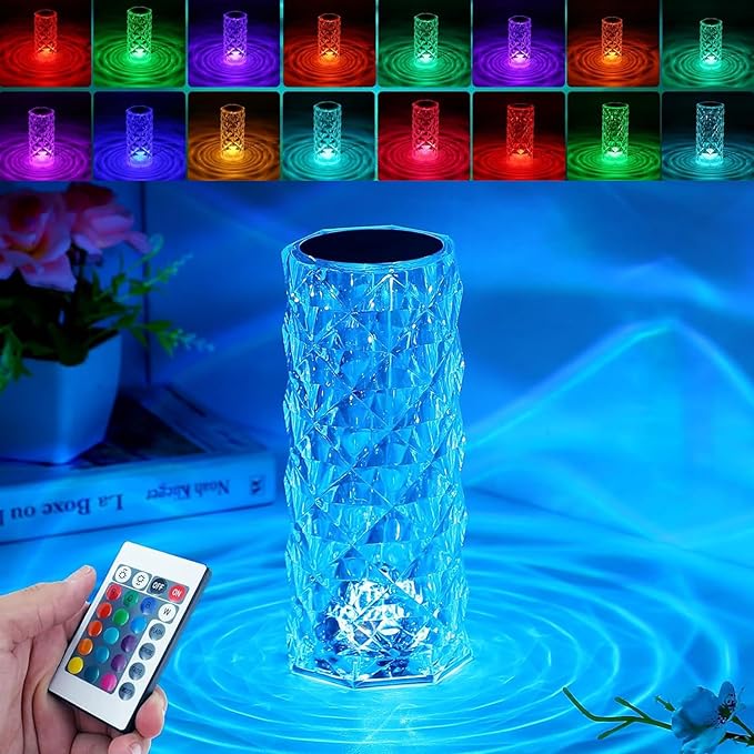 Crystal Table Lamp (Touch & Remote), 4 Modes 16 Color Changing Night Light, Rechargeable, Dimmable, RGB Rose Diamond Ambient Mood Lighting, Protable Cordless Desk Lamp for Bedroom Living Room Party