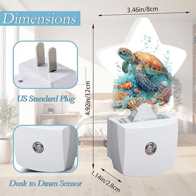 Sea Turtles Night Light,Fish Plug-in Dusk to Dawn Smart Sensor Nightlight for Bathroom Bedroom Hallway Kitchen Stairs Energy Efficient Decor Desk Lamp