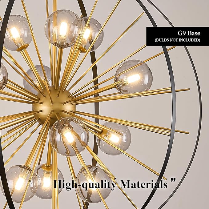 Large 31" Black Gold Mid Century Sputnik Chandelier 12 Lights Modern Ceiling Firework Globe Pendant Lighting with Smoke Class Lampshades for Foyer Staircase Entryway Living Dining Room