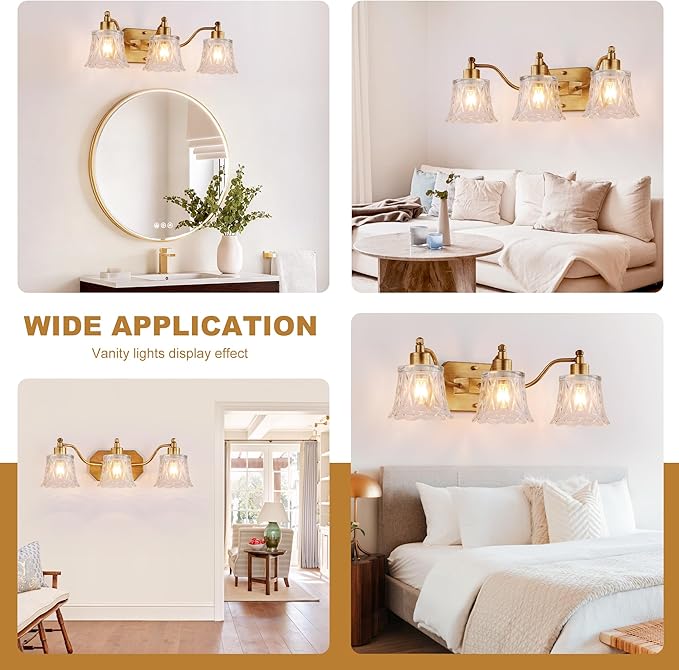 Vintage Bathroom Light Fixtures, 3-Light Gold Vanity Light, Antique Brass Finish with Crystal Glass Shade, Brushed Gold Vanity Lights for Bathroom Bedroom Hallway