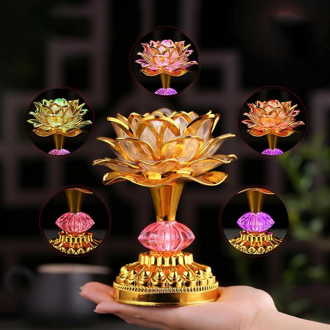 Colorful LED Lotus Buddhist Lamp, Built 13 Buddhist Songs, Gradient Buddha Light for Worship, Prayer and Display, Low Power Consumption, Eco, Buddhist Supplies - Gold