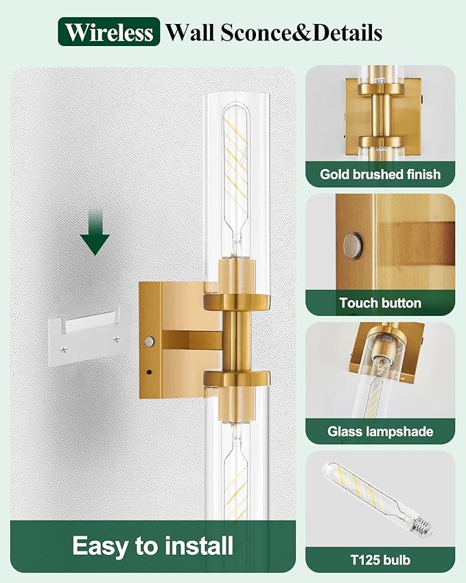 Gold Wireless Battery Operated Wall Sconces Set of 2，Glass Rechargeable Wall Lamps with Remote, Cordless Battery Powered Decor Lights Fixture for Bathroom Living Room Bedroom Hallway Entryway