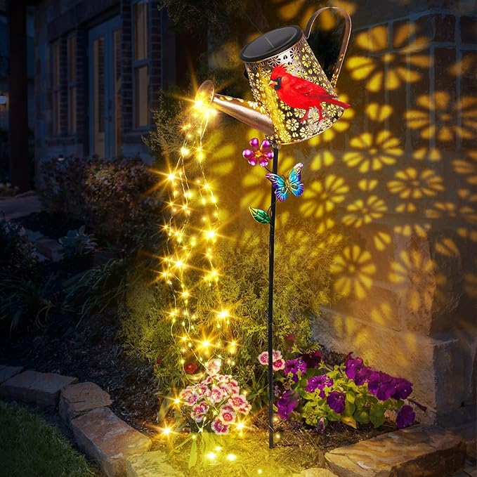 Solar Lights Outdoor Decorative, 39.4'' Metal Solar Watering Can Lights with Red Cardinal, Waterproof Garden Stake for Yard Lawn Patio Pathway Landscape, Gardening Gifts for Mom Grandma Women