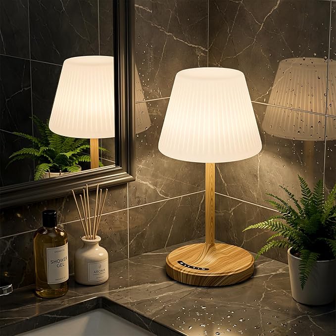 Cordless Table Lamp, Waterproof Shower Lamp, 4000mAh Rechargeable Table Lamps, 3-Color Dimmable Light, Battery Operated Lamp Desk Night Lamp for Bathroom Bedroom Patio Camping Restaurant (Wood Grain)