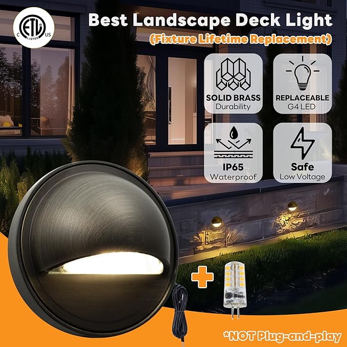 Gardenreet LED Step Lights - 12V Brass Low Voltage Deck Light Outdoor, Landscape Hardwired IP65 Waterproof, Antique Bronze Lighting for Wall Garden Yard Stair Without G4 Bulb 12 Pack
