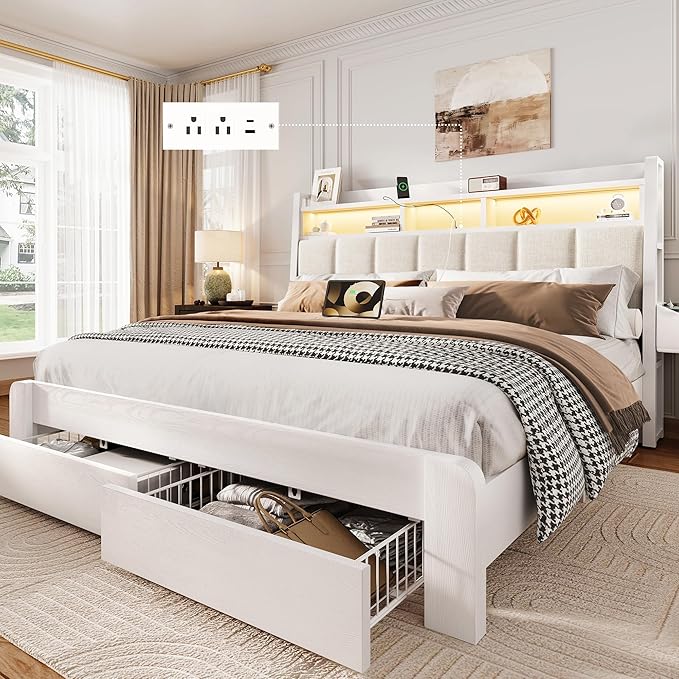 King Size Bed Frame with 2 Storage Drawers, Wood Platform Bed Frame with 2-Tier Storage Headboard Built in Charging Station & LED Light,Noise-Free/Metal Support/No Box Spring Needed,White