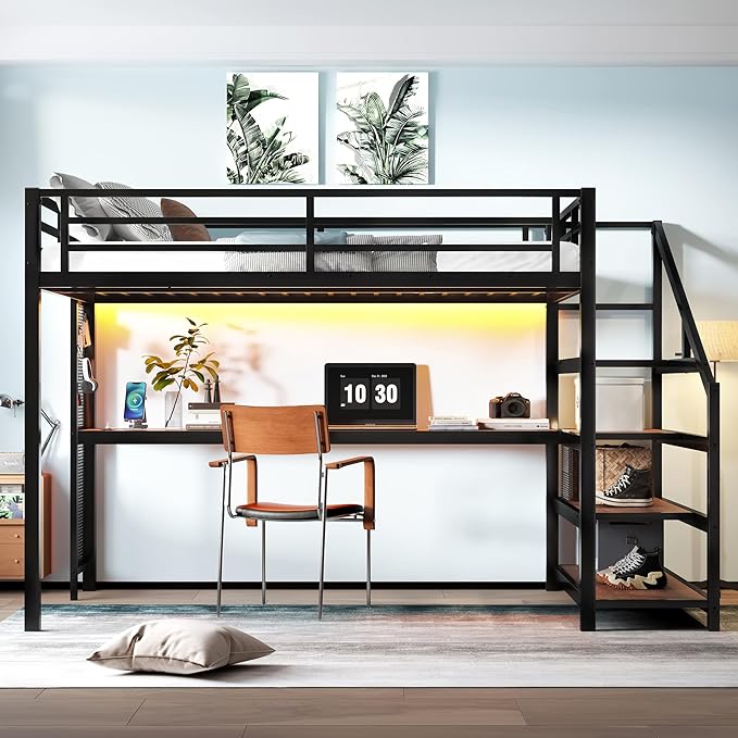 Bellemave Queen Loft Bed with Desk & Storage Stairs, Metal Queen Size Loft Bed Frame with Iron Nets, LED Lights & USB Ports, Heavy Duty Adult LoftBed for Bedroom, Noise-Free, Black