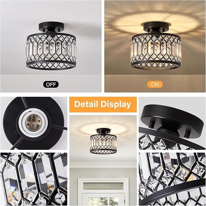 Crystal Ceiling Light Fixture, Modern Semi Flush Mount Ceiling Light, Black Lighting Fixtures Ceiling Lamp for Hallway, Kitchen, Entryway, Bedroom, Laundry Room, 9.05 Inch