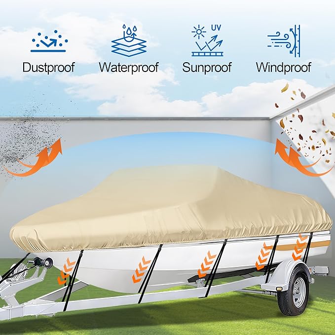 iCOVER Trailerable Boat Cover- 17'-19' Heavy Duty Waterproof Tarp Covers with Storage Bag, Fits V-Hull, Fish&Ski, Pro-Style, Fishing, Runabout, Bass Boats, up to 17ft-19ft Long X 96" Wide