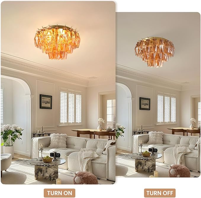 Amber Ceiling Light, 17" Modern Crystal Glass Chandelier for Bedroom, 3-Light Round Flush Mount Ceiling Ligh for Living Room, Bathroom, Hallway, Entryway – Elegant Warm Lighting