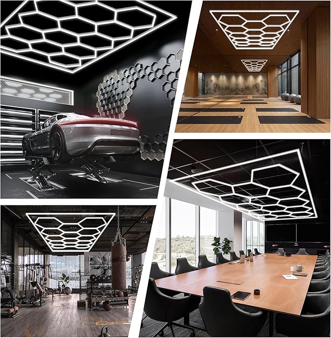 Hexagon Garage Lights with Rectangle Frame, High Brightness 672W 86400LM 6500K, 14 Hex Grid for Garage, Shop, Basement, Car Detailing Shop etc. with Mounting Clip