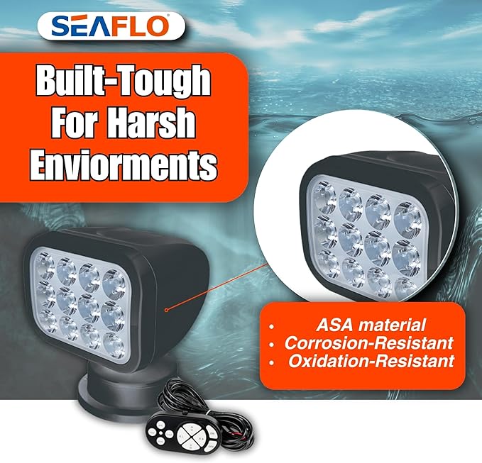 SEAFLO 360° Rotating Remote Control LED Searchlight, 10-30V, Auto-Reset, IP66 Waterproof, Marine Spotlight for Boats, Truck, Vehicles, CE & Rohs Certified (Wired Remote/Black//Warm Light 2700K)