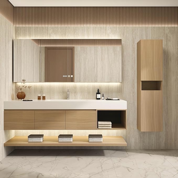 84" Modern Floating Bathroom Vanity Set with Sink, Side Cabinet, LED Smart Mirror Cabinet, 3 Soft-Close Drawers & Open Storage Shelves, Light Oak