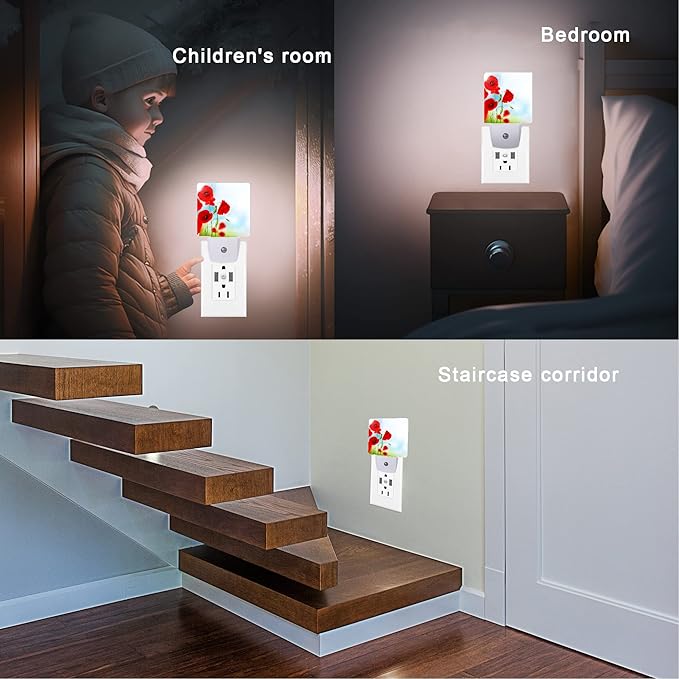 Red Poppy Flower Night Light,Plug into Wall Night Lights 0.5W Sleep Friendly for Boys Girls Led Night Light Dusk to Dawn Sensor Nightlight for Stairway/Hallway/Kitchen