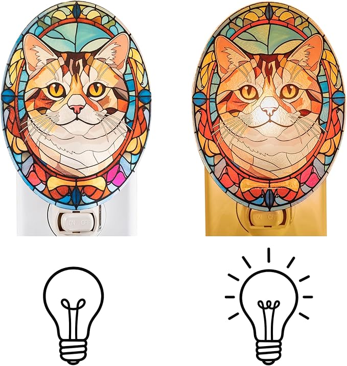 Persian Cat Stained Glass Styled Cat Night Light, Real Glass Plug-in Night Light with Vertical Outlet and On/Off Switch for Bedroom, Bathroom, Hallway, Home Decor