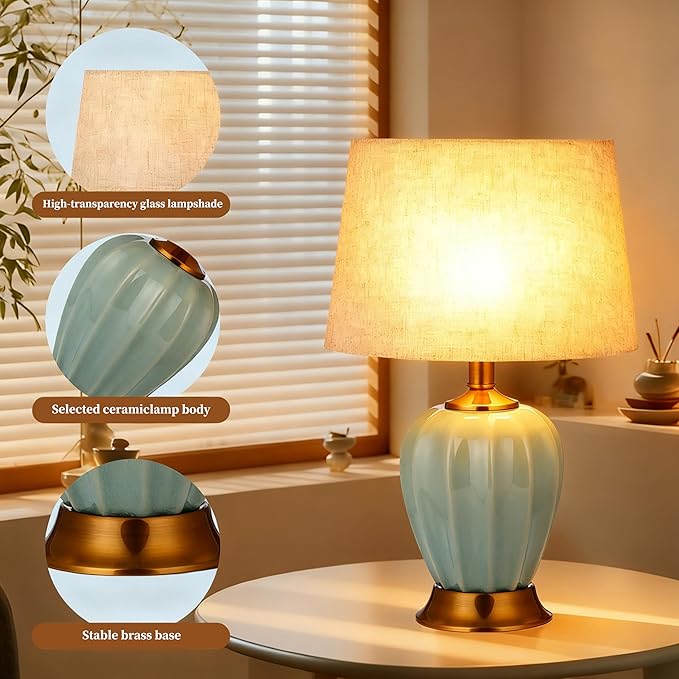Vintage Ceramic Table Lamp for Living Room, 18.3'' Modern Ceramic Table Lamps for Bedroom, Brass Accents, Retro Bedside Nightstand Traditional Lamps, Classic Chinoiserie Green Lamp for Home Decor