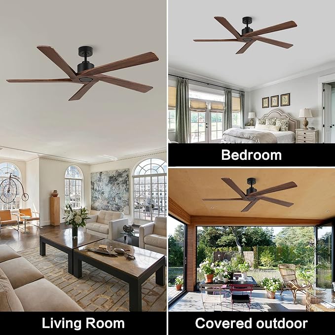 WINGBO 64 Inch DC Ceiling Fan without Lights, 5 Reversible Carved Solid Wood Blades, 6-Speed Noiseless DC Motor, Ceiling Fan No Light with Remote, Matte Black Finish with Walnut Blades, ETL Listed