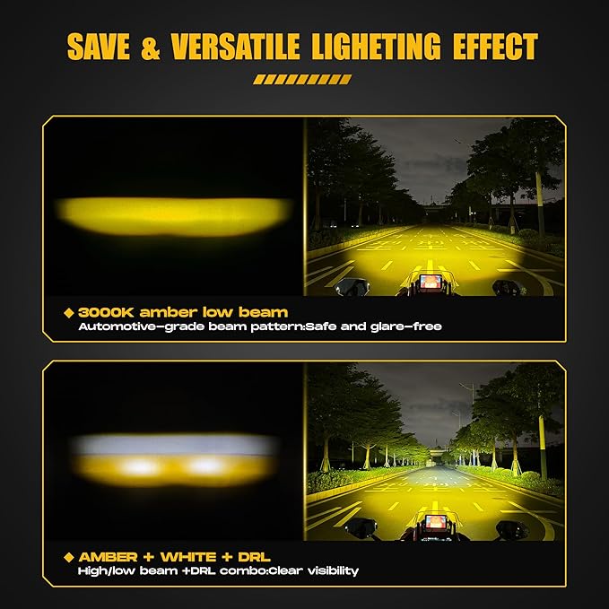 Future Eyes Motorcycle Driving Lights – 180W LED Fog Lights with Amber & White Beams, Waterproof Auxiliary Spotlights with DRL, Strobe, Signal, for Night Riding Off-Road UTV ATV