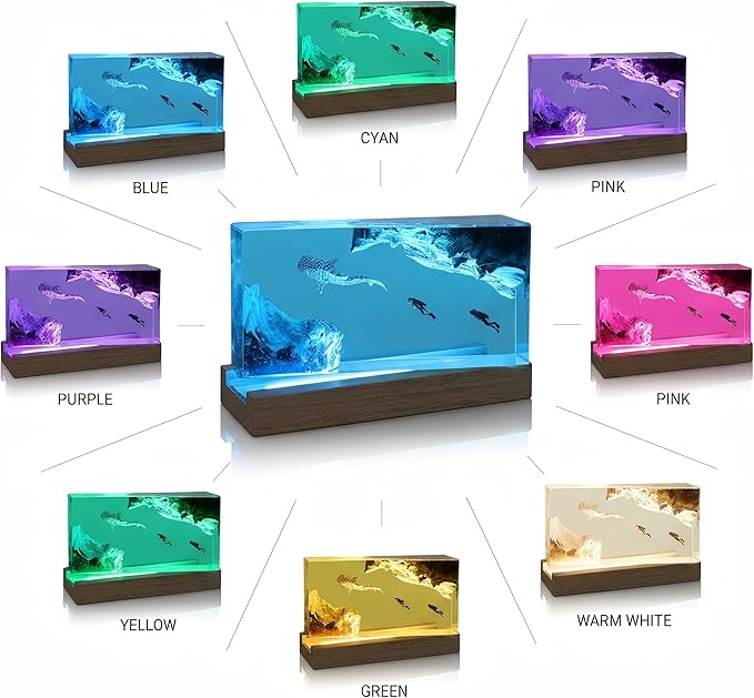 Handmade Ocean Resin Night Light 7-Color LED Lamp with Remote, Epoxy Resin Wood Lamp for Bedroom Decor & Desk, Romantic Valentine’s Day Gift for Her, Men's Office Decor (Whale, Small)