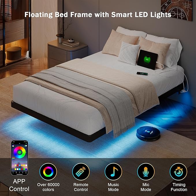 Twin Size Floating Bed Frame with LED Lights, Metal Platform Bed with Power Outlet, Heavy Duty Steel Slats Support, Noise Free, No Box Spring Needed, Easy Assembly