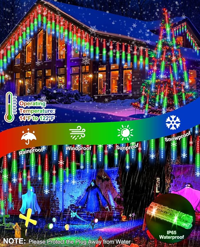 Meteor Shower Lights UL Certified 1080 LEDs 20 Tubes Falling Rain Drop Christmas Icicle Cascading Lights for Xmas Tree Halloween Decorations Wedding Party Holiday Garden Decor, Multicolor