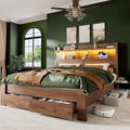 Queen Bed Frame with 2-Tier Storage Headboard, LED Lights, Charging Station, 2 Drawers, 900lbs Capacity, Wood & Metal Platform, Noise-Free, No Box Spring Needed, Barn Door Design