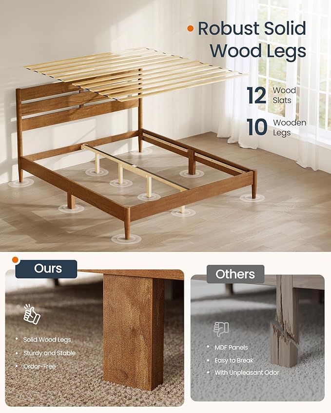 SONGMICS Home Queen Bed Frame with Headboard, LED Lights & Charging Station, Solid Wood Legs and Slats, Mid-Century Modern Platform Bed, No Box Spring Needed, Caramel Brown URMB411K01V1