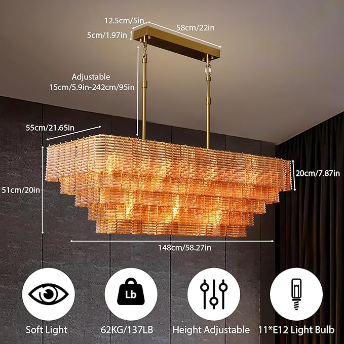 Rectangular Large Chandelier for Dining Room, 59" Amber Glass Pendant Light Fixture Over Kitchen Island, Linear Chandelier with Adjustable Height, Gold Chandeliers for Dining Table & Living Room