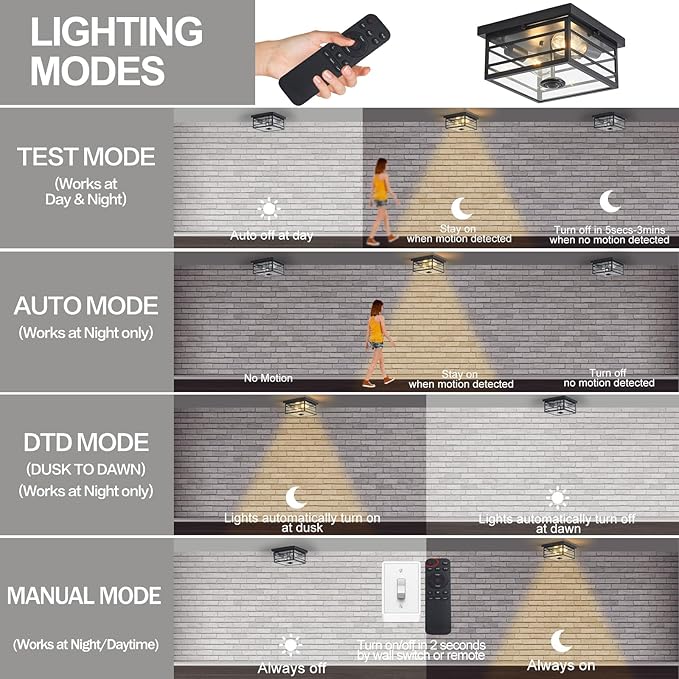 Upgraded Outdoor Ceiling Lights with Motion Sensor and Remote, Flush Mount Ceiling Light Fixture with 4 Lighting Modes, Squares Black with Clear Glass for Porch Patio Entryway Garage Farmhouse