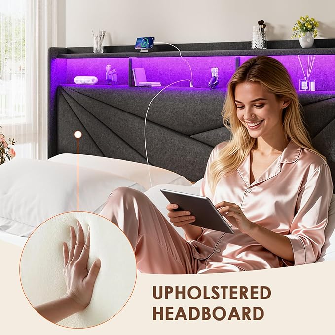 Full Size Bed Frame with 2-Tier Storage Headboard, Upholstered Full Bed Frame with 2 Drawers, Charging Station and LED Lights, No Box Spring Needed, Easy Assembly - Dark Grey