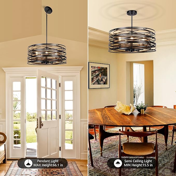 5-Light Drum Chandelier for Dining Room，19.7" Rustic Farmhouse Dining Room Light Fixture，Wood Grain and Vintage Black Metal Chandeliers for Kitchen Entryway Living Room