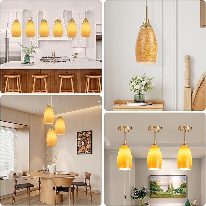 Mini Glass Pendant Light 4.72" Walnut Wood Grain Pendant Lights 3-Pack Handblown Art Oval Glass Hanging Pendant Light for Kitchen Island Dining Room Living Foyer Hallway Entry Brushed Gold