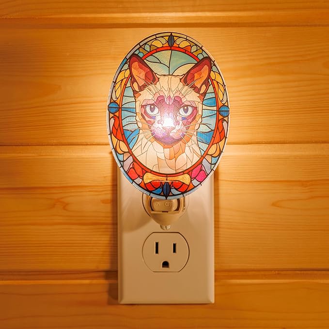 Siamese Cat Stained Glass Styled Night Light, Real Glass Plug-in Night Light with Vertical Outlet and On/Off Switch for Bedroom Gift for Siamese Owners